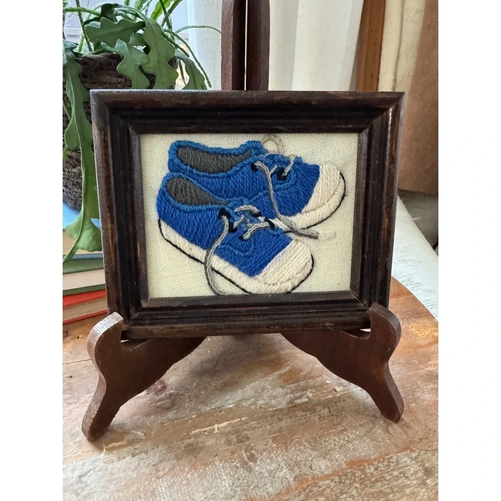 Vintage Crewel Embroidery Framed Wall Art Blue Sneakers Tennis Shoes Folk Art